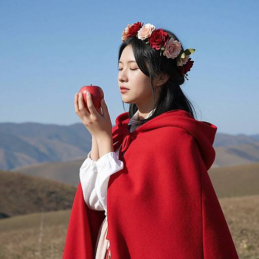 Asian woman with black hair, red flower crown, and red cloak holding apple, against blue sky and mountain backdrop. Digital art.