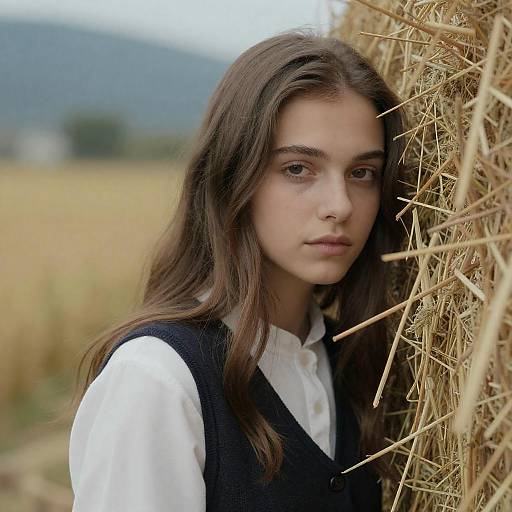 Shy Young Woman Behind Haystack Portrait