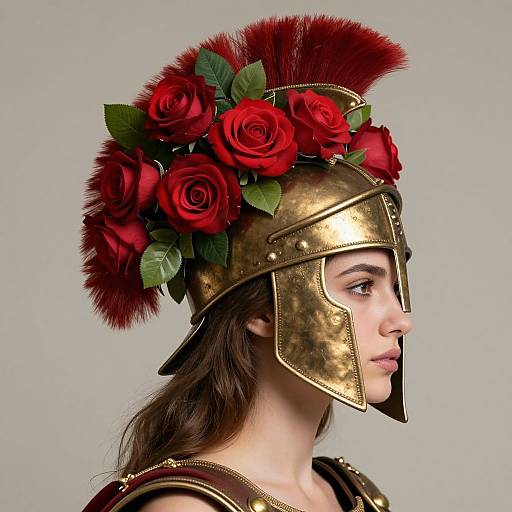 Photograph of a young woman in a detailed golden Roman helmet adorned with red roses and green leaves, profile view against a gray background.