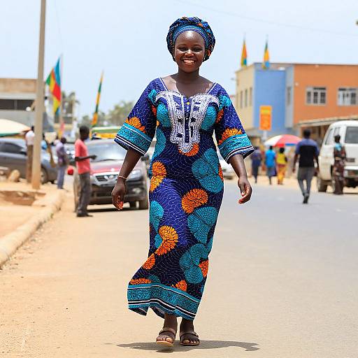Photograph of a smiling African woman in a blue, orange, and turquoise patterned dress walking on a sunny urban street.