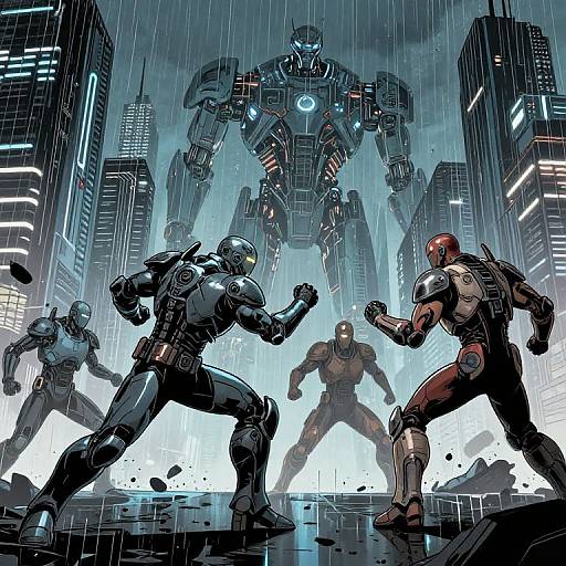Comic book-style illustration: Five armored superheroes in dynamic battle stances face a towering, glowing robot in a rainy, neon-lit cityscape.