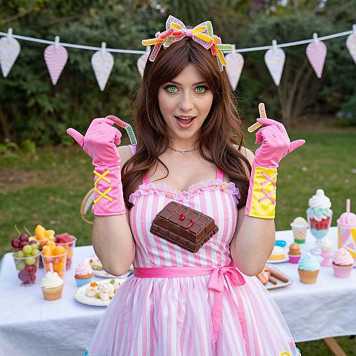 Photograph of a young woman with green eyes, brown hair, wearing a pink and white striped dress, pink gloves, and a candy-themed headband