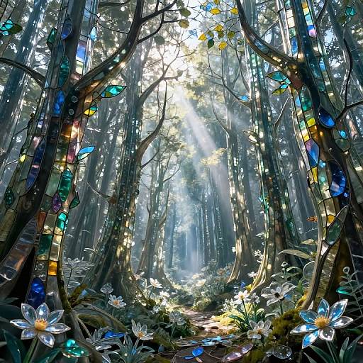 Mystical Glass Forest with Stained Leaves