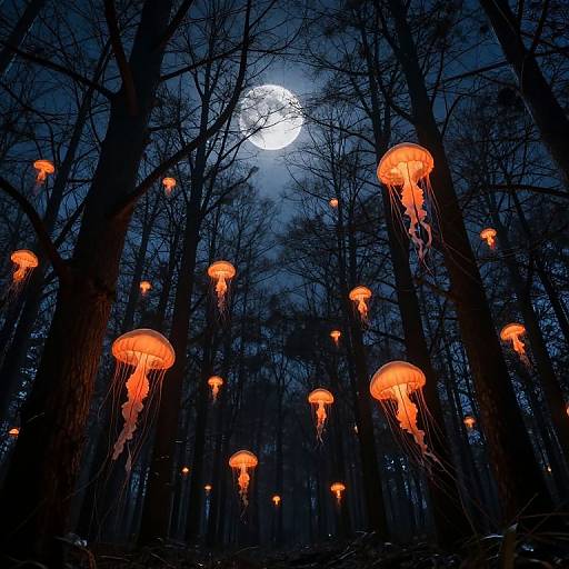 Photograph of a moonlit forest with glowing, orange jellyfish-like creatures hanging from tall, leafless trees, creating a surreal, ethereal night