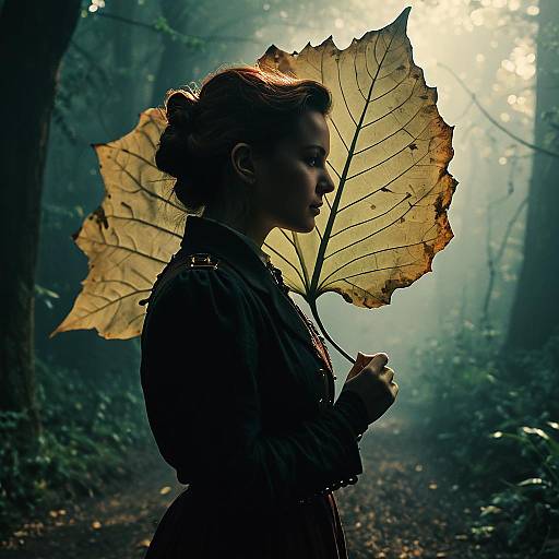 Steampunk Woman with Giant Leaf in Forest