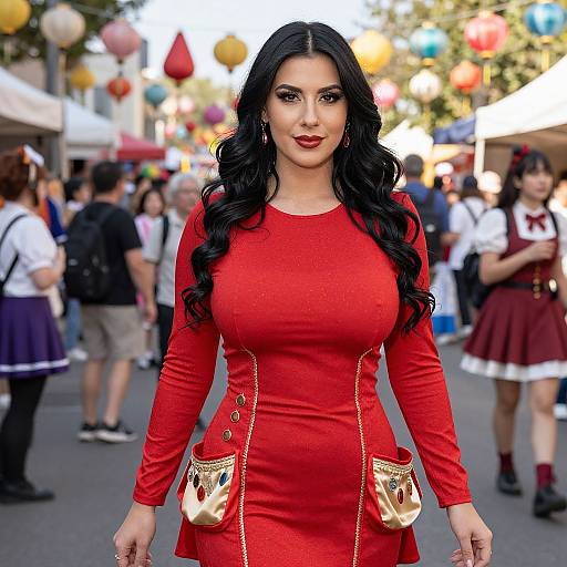 Photograph of a curvy, Latina woman with long black hair, wearing a form-fitting red dress, gold purse, and red lipstick, standing