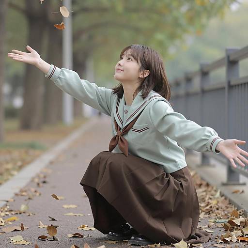 Autumn Joy: Schoolgirl Catching Leaves