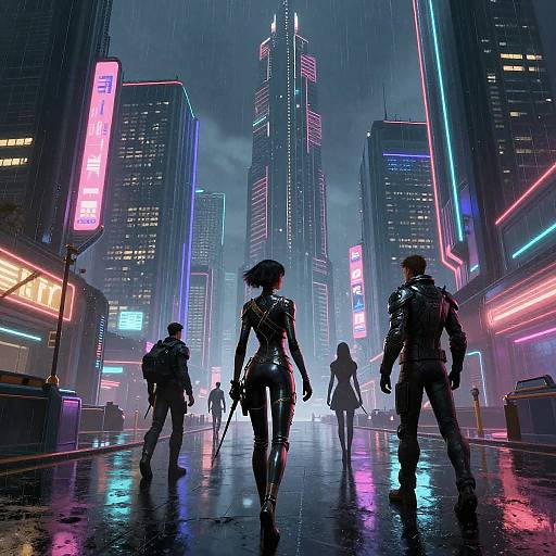Neon-lit cyberpunk cityscape at night, rain-soaked streets, five silhouetted figures in futuristic, dark leather attire, towering