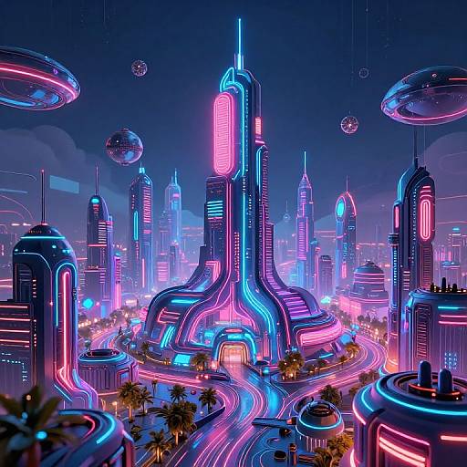 Neon-lit, futuristic cityscape with glowing skyscrapers, floating spheres, and vibrant pink, blue, and purple lights. Digital art style