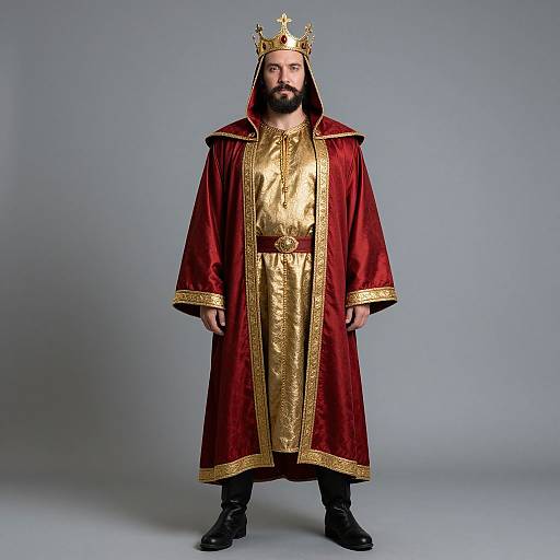 Photograph of a bearded man in a red and gold royal robe with a gold crown, standing against a plain gray background.