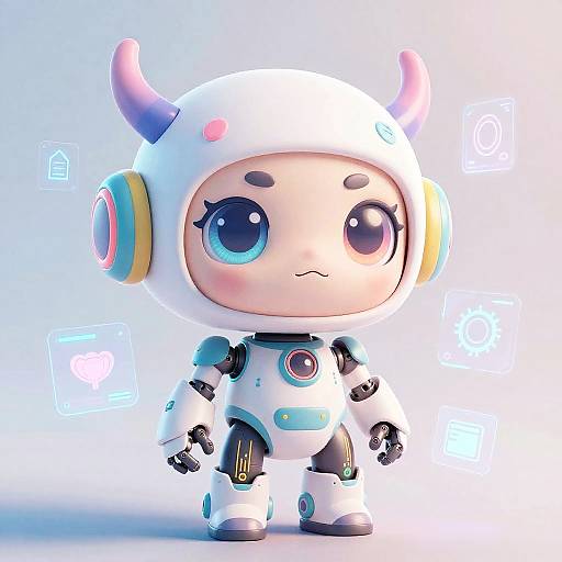 Cute digital CGI chibi-style robot child with large blue eyes, white helmet with purple horns, and colorful accents, standing against a glowing blue background