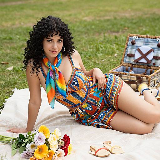 Photograph of a curly-haired woman with medium brown skin, wearing a colorful tribal-patterned dress and scarf, lying on a picnic blanket, surrounded by