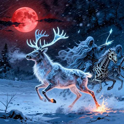 Digital fantasy artwork: glowing white reindeer with blue antlers, ridden by a spectral figure wielding a glowing spear, under a red full moon in a