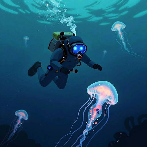 Bioluminescent Deep-Sea Explorer with Sentient Jellyfish