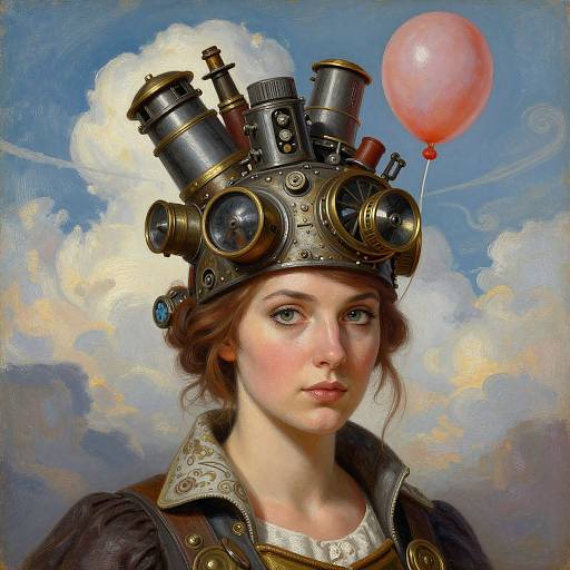 Digital painting of a young woman with fair skin, brown hair, and green eyes, wearing steampunk goggles and a balloon, against a cloudy sky