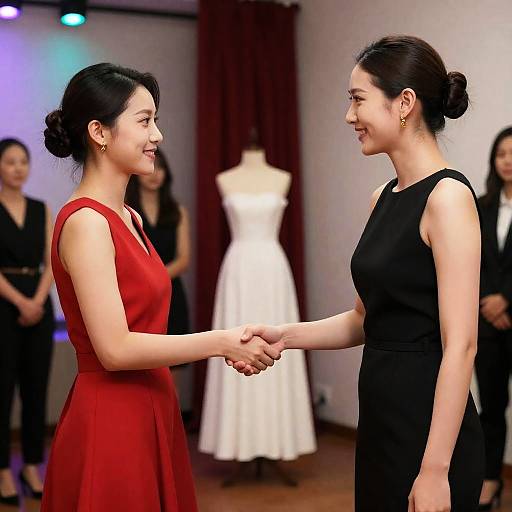 Two Women Shaking Hands in Fashion Setting