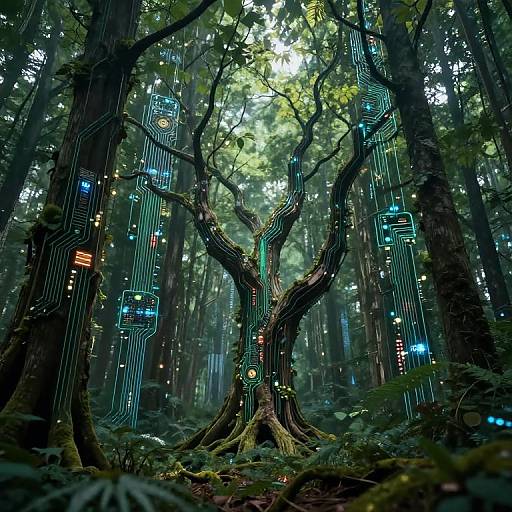Digital art of a mystical forest with glowing, neon-lit, circuit-like patterns on towering trees, illuminated by soft blue and green light.