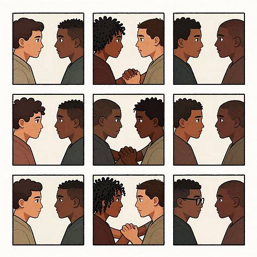 Digital comic-style illustration showing a series of side-by-side panels of a white man and a Black man holding hands, gazing at each other with varying