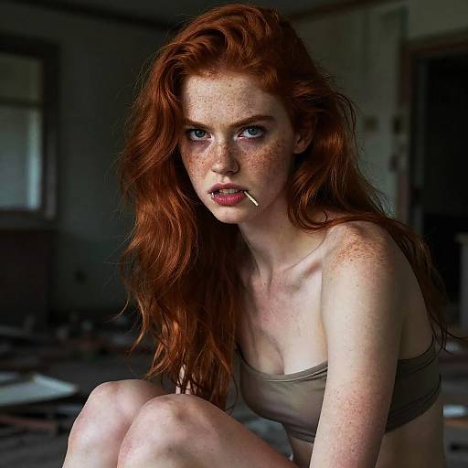 Redhead Woman with Freckles in Dark Room