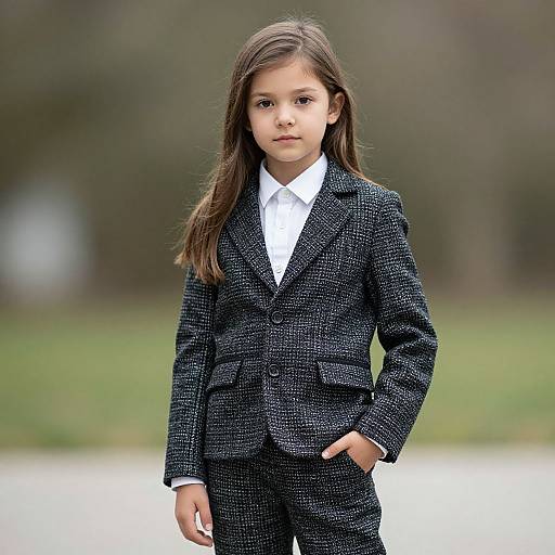 Photograph of a young girl with long brown hair, wearing a black checkered suit with a white shirt, standing confidently outdoors.