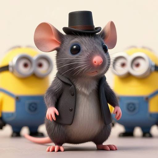 CGI image of an anthropomorphic gray mouse in a black suit and top hat, standing between two Minion characters.
