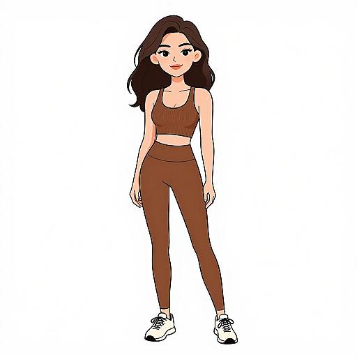 Digital illustration of a young woman with long black hair, wearing a brown sports bra and matching high-waisted leggings, white sneakers, standing against a