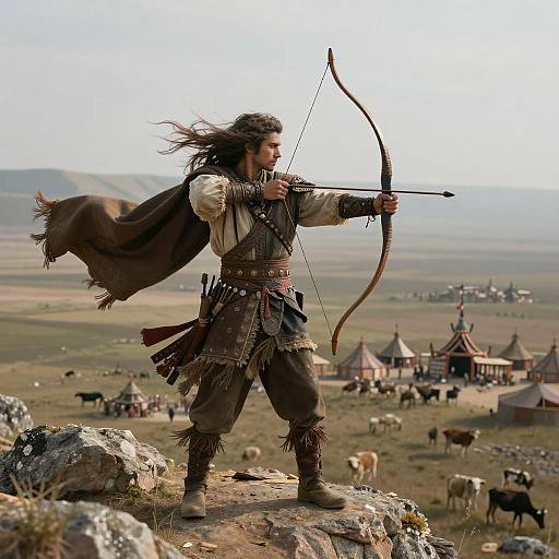 Photorealistic CGI of a long-haired, bearded archer in medieval attire, standing on a rocky outcrop, aiming bow at a distant village