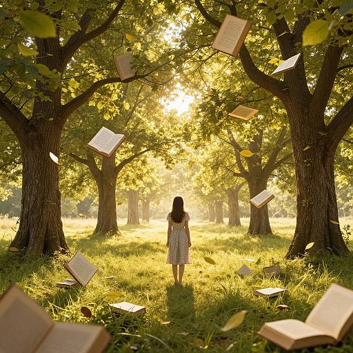 Photograph of a woman in a white dress standing in a sunlit, tree-filled meadow with floating open books. Warm, golden light filters through