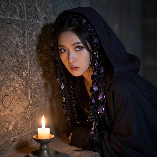 Photograph of a young woman with piercing blue eyes, black hooded cloak, and purple braids, gazing at a lit candle in a dim