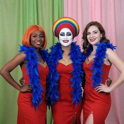 Vibrant Costume Trio with Colorful Decorations