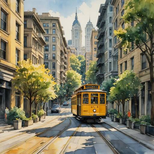Vibrant Urban Street Scene with Cable Car