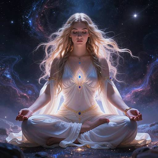 Digital artwork of a serene, blonde, ethereal woman in a white, flowing dress, meditating in a cosmic space, with glowing jewelry and a