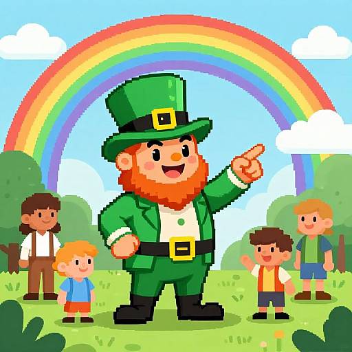 Pixel art of a cheerful leprechaun with a green hat and beard, pointing at a rainbow, surrounded by six children in a grassy field