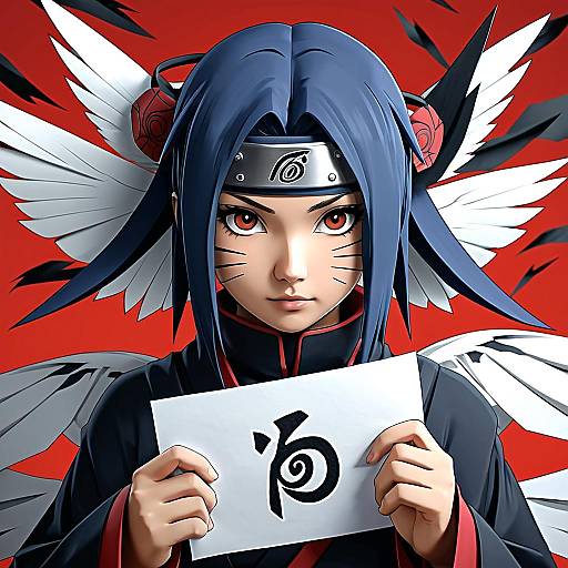 Digital anime-style portrait of a blue-haired ninja with white wings, red background, holding a paper with a black symbol.