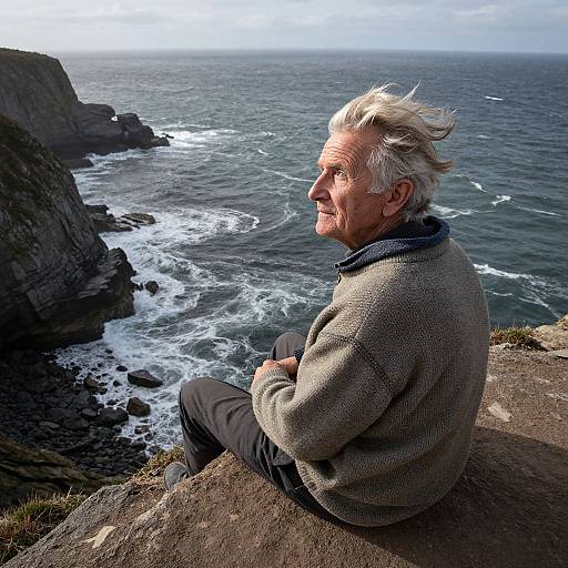Elderly man with white hair sits on rocky cliff, gazing at ocean waves under cloudy sky, wearing gray sweater and pants.