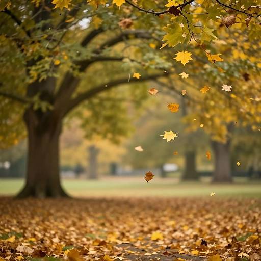 Photograph of a park with a large tree, blurred background, and foreground filled with golden-yellow autumn leaves, some in mid-fall.