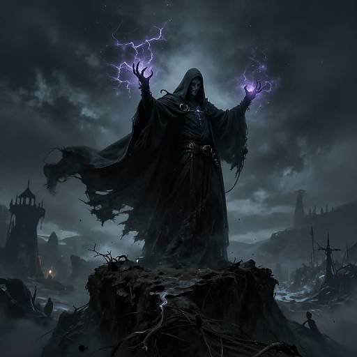 Digital fantasy art: Dark, hooded figure on rocky pedestal, holding glowing purple lightning in each hand, against stormy, ruined landscape background.