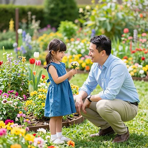 Father and Daughter in Blooming Garden