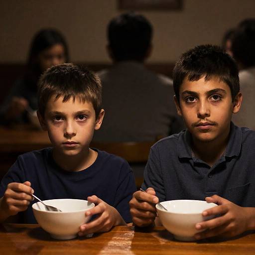 Serious Boys at a Wooden Table
