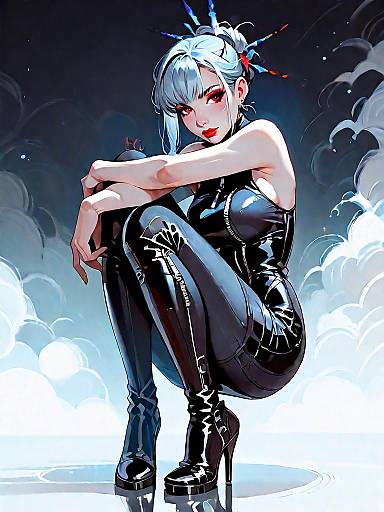 Dark Fantasy Woman in Glossy Black Outfit