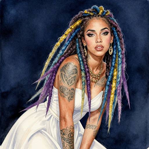 Digital artwork of a tattooed woman with multicolored dreadlocks, wearing a white dress, gold necklace, and earrings, against a dark background.
