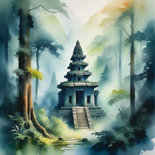Ancient Temple in Misty Forest