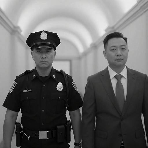Black and White Portrait of Policeman and Businessman in Hallway