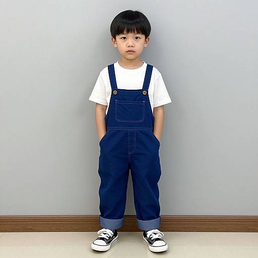 Photograph of an East Asian toddler with short black hair, wearing a white shirt, blue denim overalls, and black-and-white sneakers, standing against