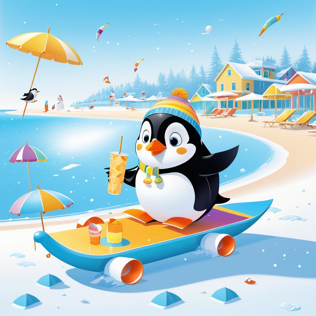 Joyful Penguin Beach Scene Illustration