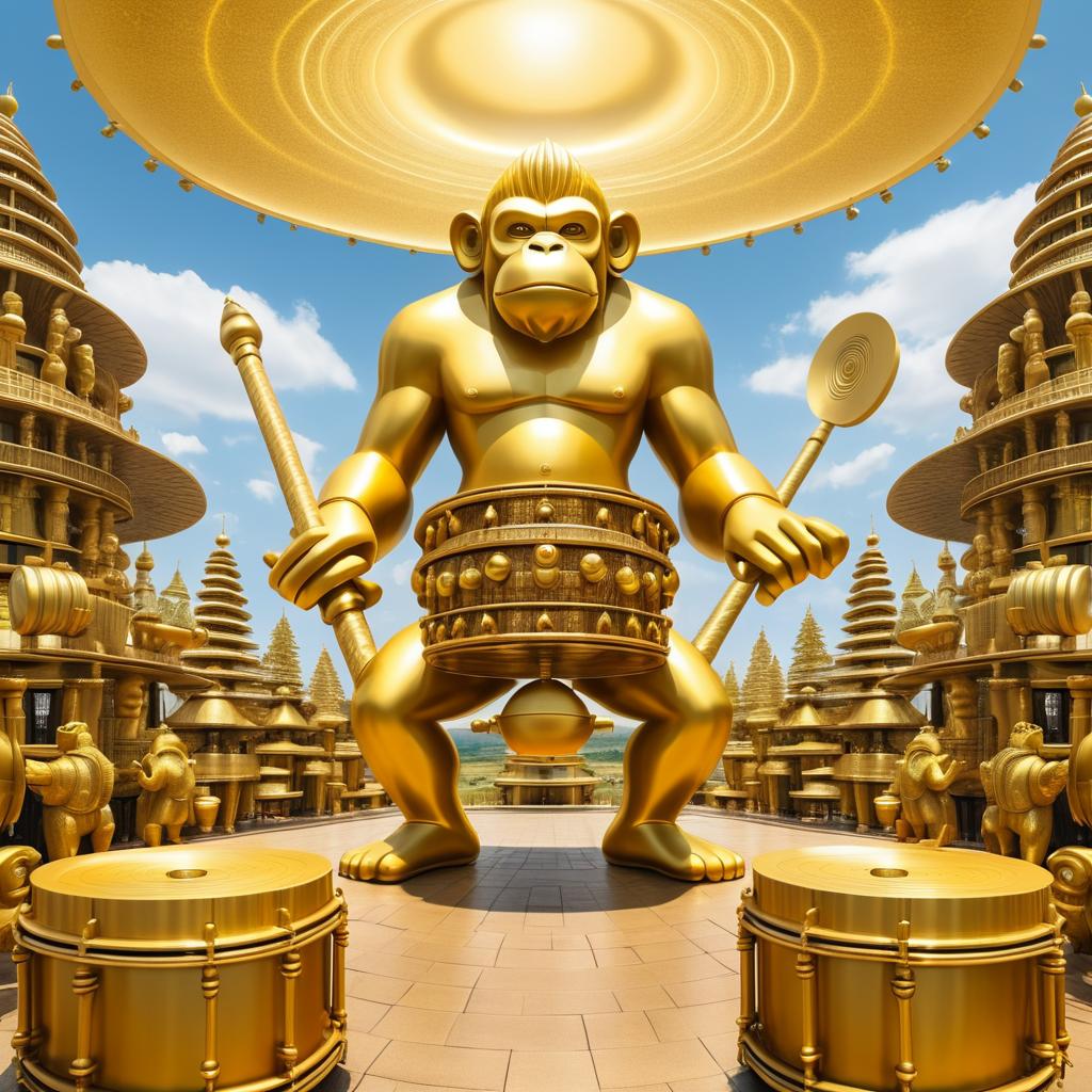 Giant Monkey Drummer in Surreal Landscape