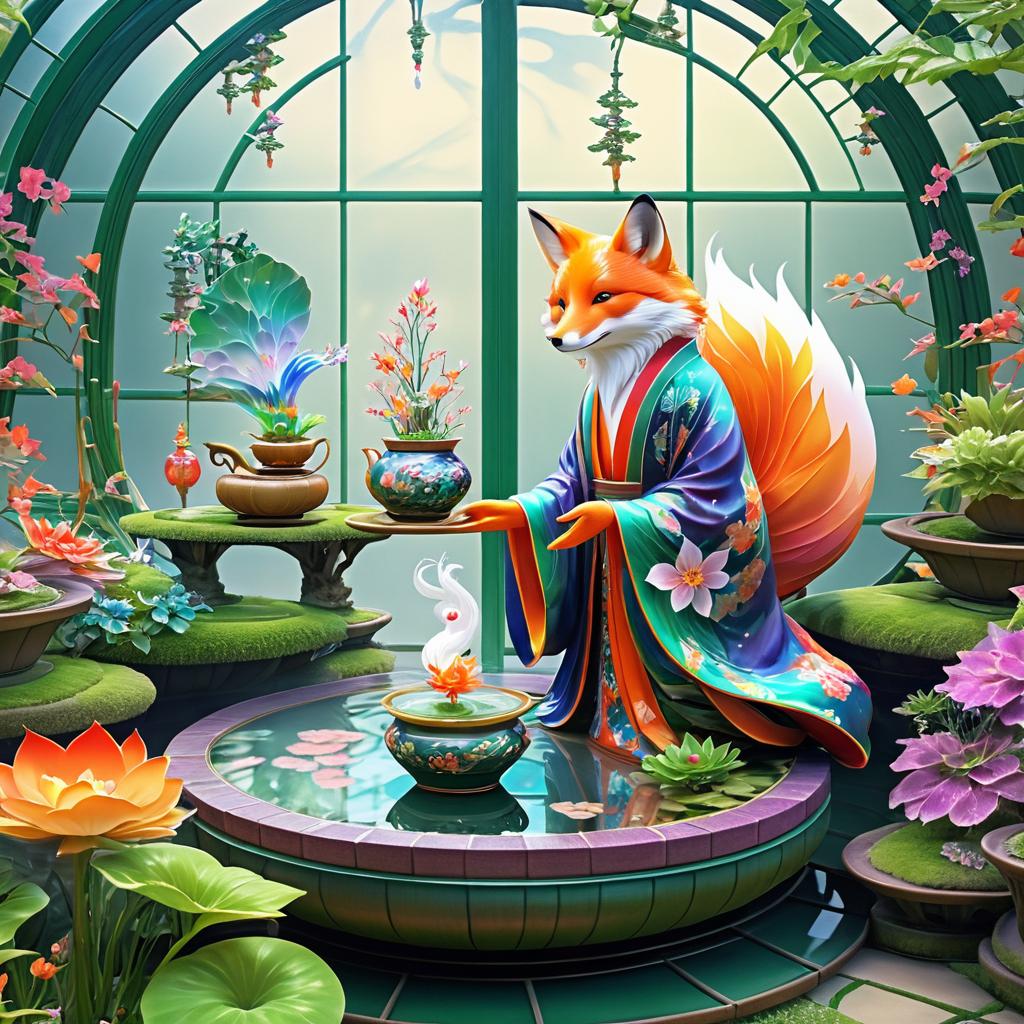 Whimsical Fox Spirit in Greenhouse Garden