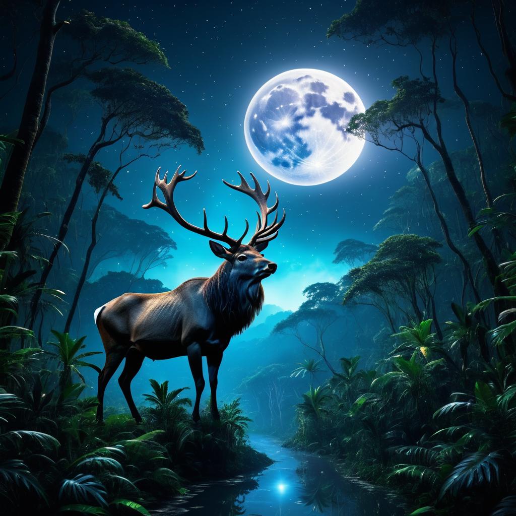 Majestic Stag in Moonlit Jungle Scene