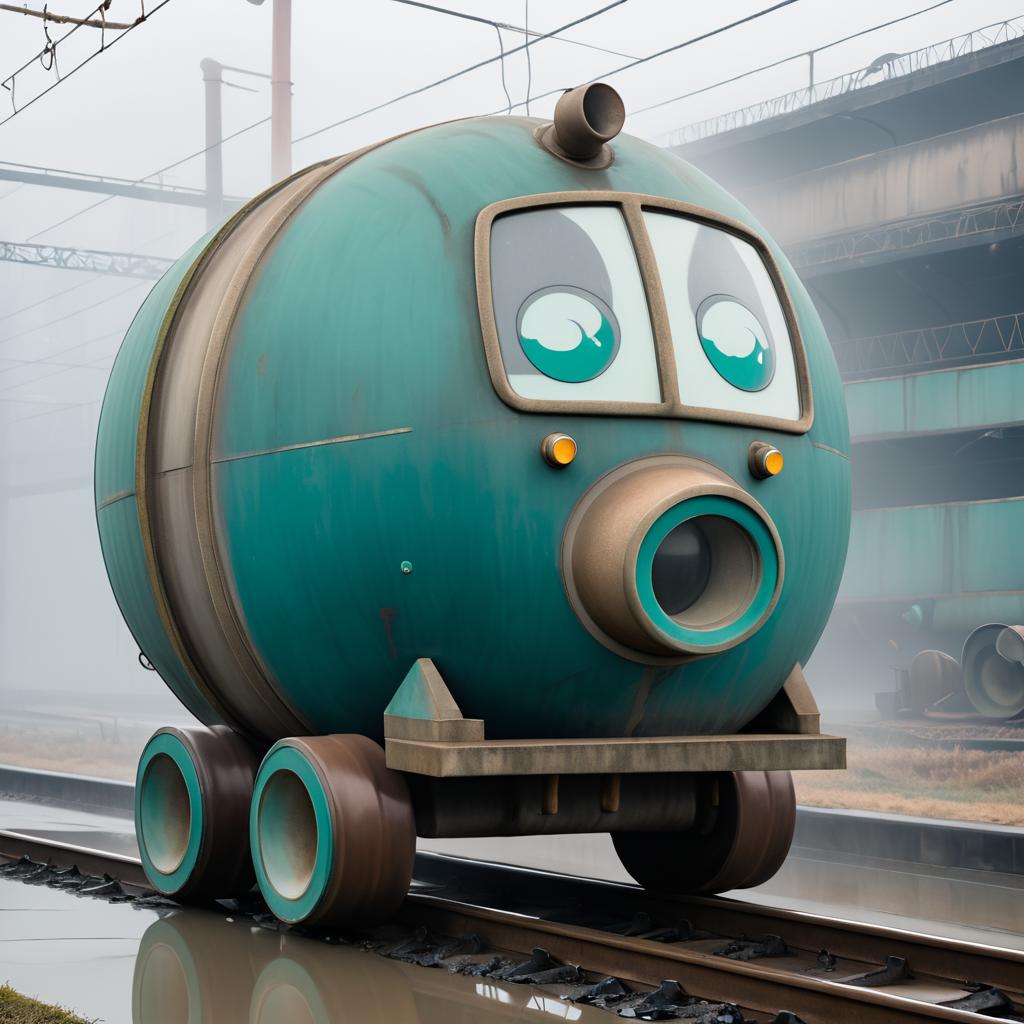 Content Cement Mixer in Foggy Rail Yard