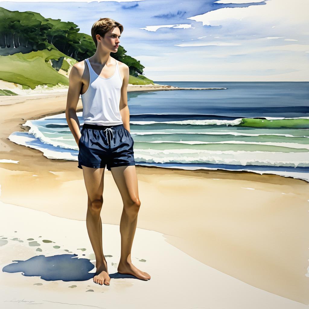 Thoughtful Slender Man on a Beach